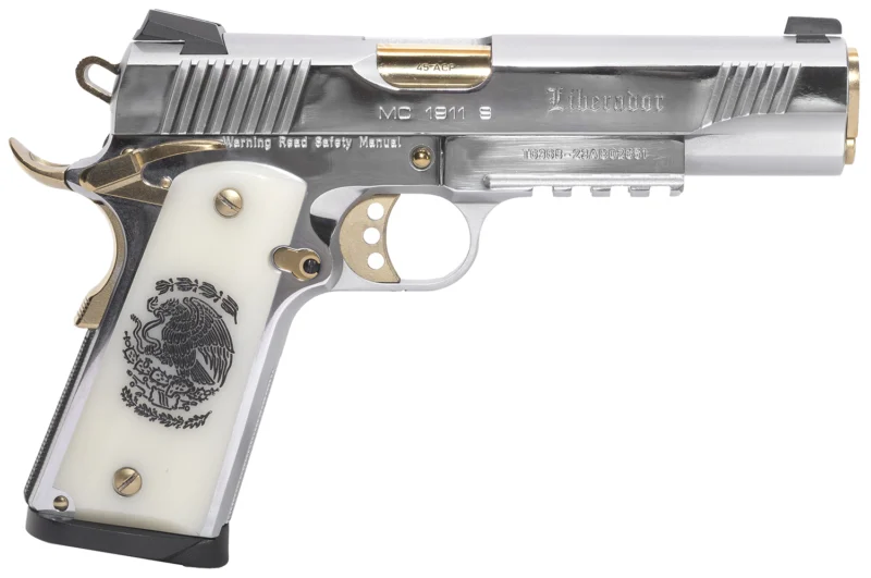 EAA MC1911S Liberador II .45 ACP 5in chrome with gold accents engraved grips