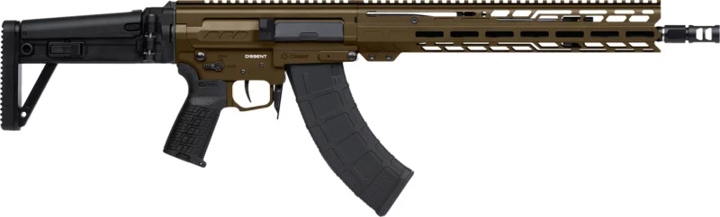 CMMG Dissent 7.62x39 rifle with 14.3-inch barrel, 30-round magazine and folding stock in Cerakote bronze