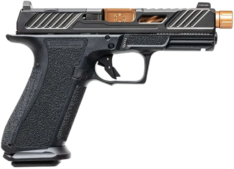 Shadow Systems XR920 9mm pistol black frame with bronze spiral-fluted threaded barrel and tritium sight, 10-round