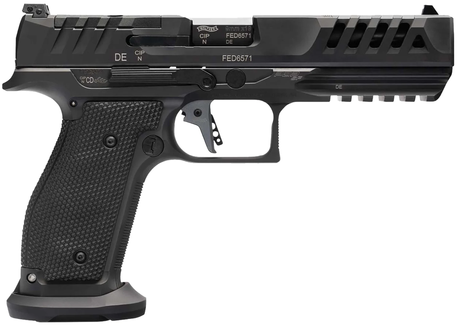 Walther PDP Match SF full-size 9mm pistol with 5 inch barrel, black steel frame