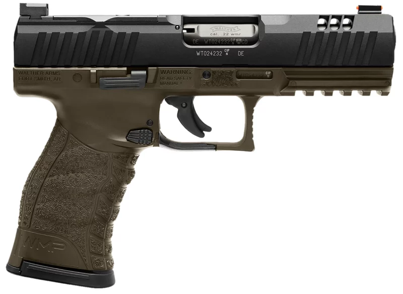 Walther WMP .22 WMR optic-ready polymer pistol OD green frame black slide two 15-round magazines