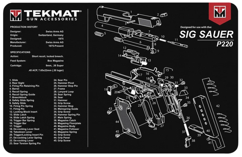 TekMat TEKR17SIGP220 Sig Sauer P220 cleaning mat 11x17 black and white rubber