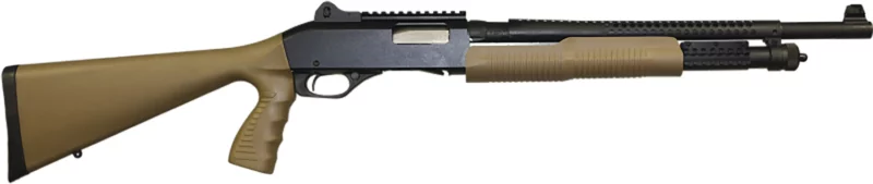 Stevens 320 Tactical 12 GA 18.5 inch FDE and black pump shotgun side view