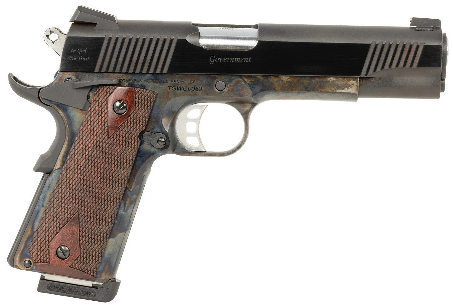 Tyler Gun Works TGWGVCC45 Custom 1911 full-size .45 ACP with 5-inch match barrel, blued slide, and walnut grips