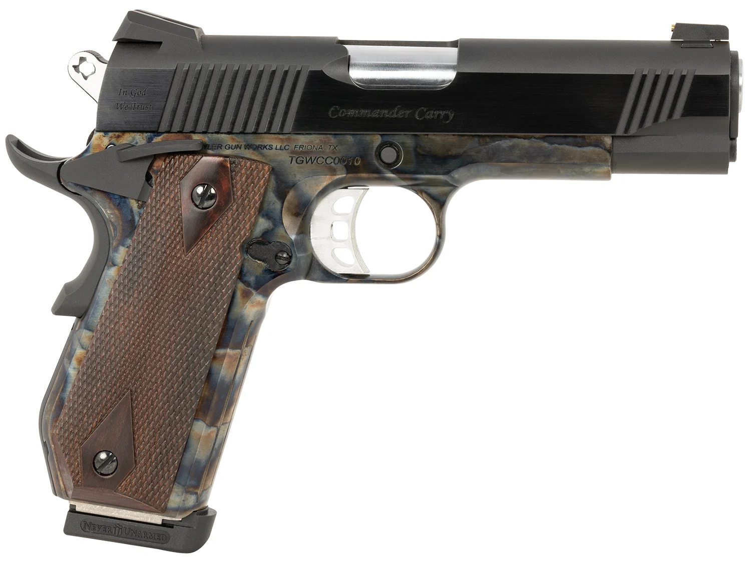 Tyler Gun Works TGWCMCC45 1911 Commander 45 ACP with 4.25-inch stainless match barrel, blued slide, walnut grips