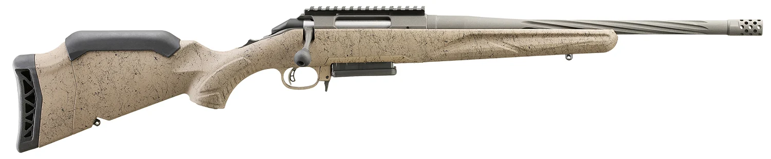Ruger American Gen II Ranch .308 Win rifle with 16.1 inch Cobalt Cerakote spiral-fluted barrel and FDE splatter stock