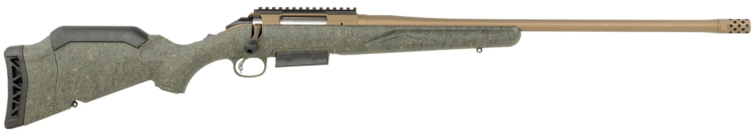 Ruger American Gen II Predator .400 Legend 22-inch rifle with burnt bronze fluted barrel and green splatter stock