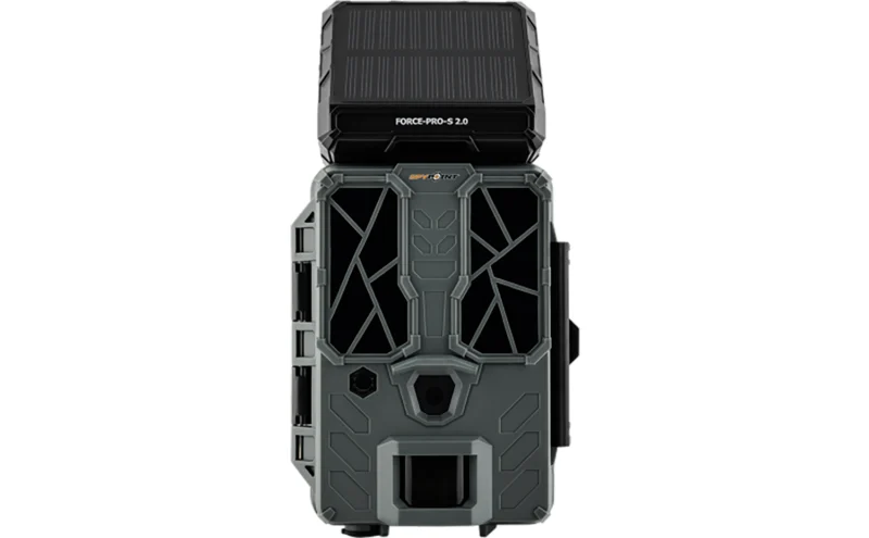 Spypoint Force-Pro-S 2.0 solar trail camera front view with integrated solar panel