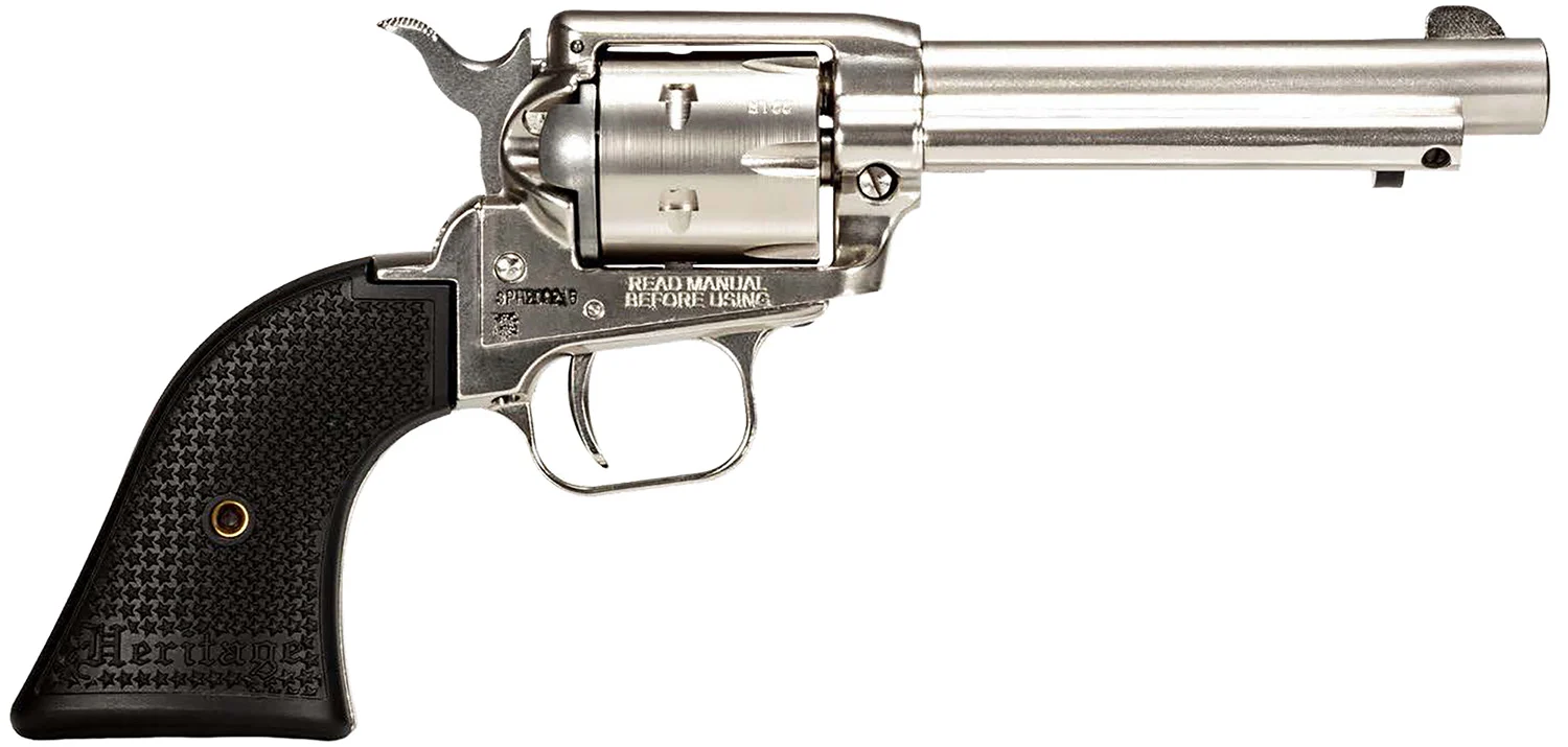 Heritage Rough Rider .22 LR 6-shot single-action revolver in nickel with black poly star grips