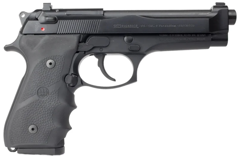 Beretta 92FS Brigadier 9mm semi-auto pistol with Hogue wraparound grips and 3-dot sights