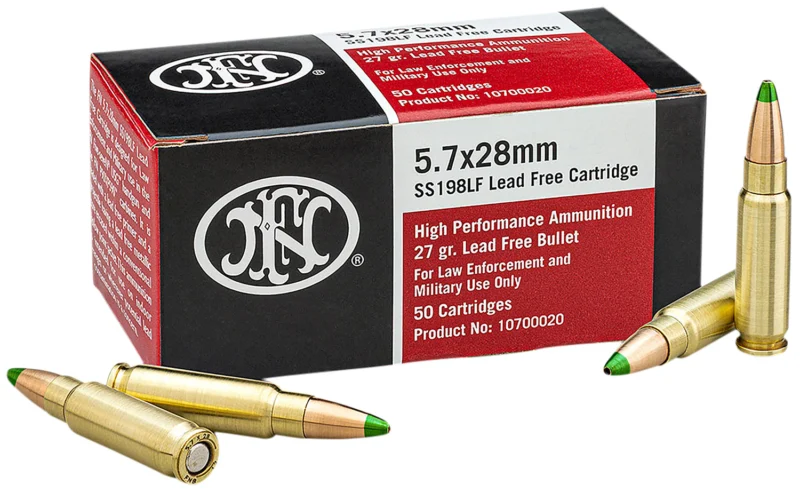 FN SS198LF 5.7x28mm 27gr green tip jacketed hollow point ammunition box