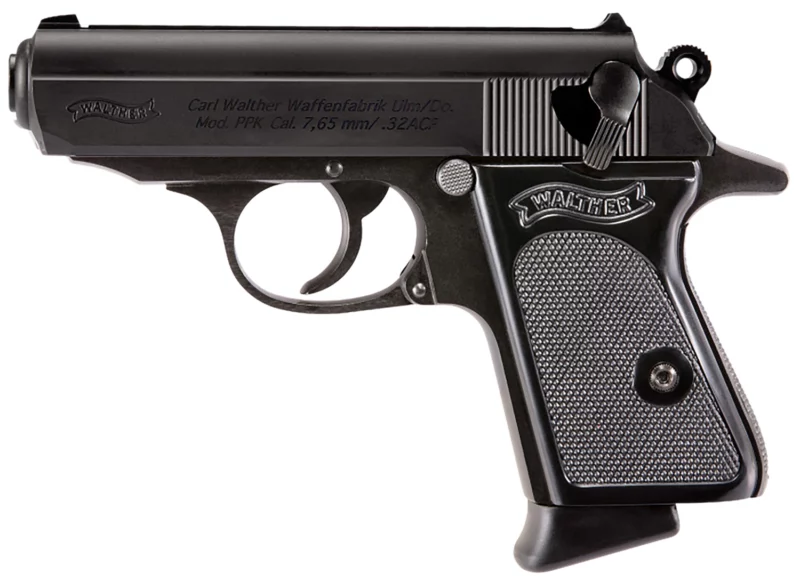 Walther PPK .32 ACP 3.3 inch black pistol, front angle