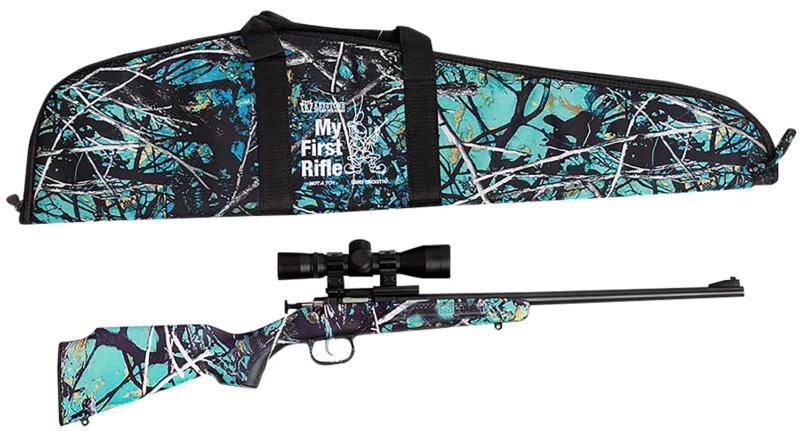 Keystone Crickett single-shot bolt-action rifle with Muddy Girl Serenity synthetic stock and 4x32 scope