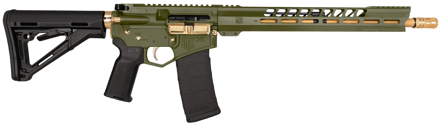 Diamondback DB15 ML 16 inch 5.56 rifle in green Cerakote with gold accents and Magpul stock