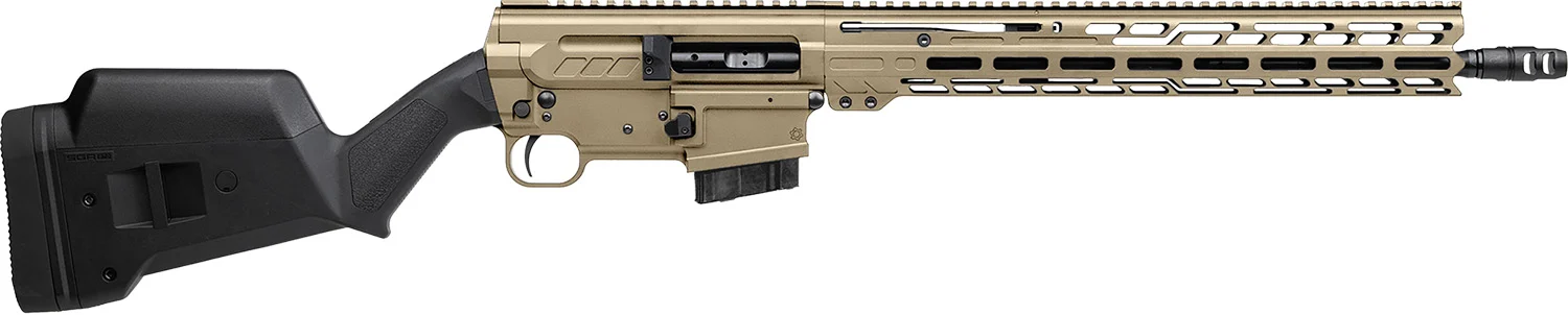 CMMG Dissent BR4 350 Legend rifle with 16.10-inch black nitride threaded barrel and coyote tan Cerakote receiver