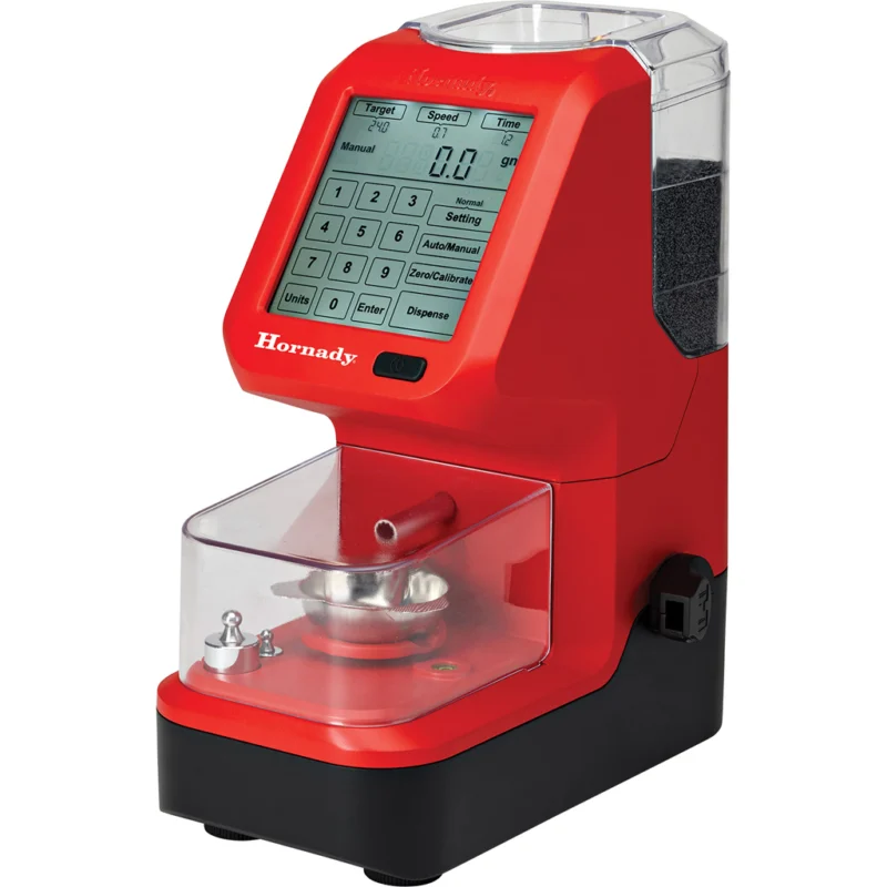 Hornady Auto Charge Pro powder scale in red with backlit touchscreen