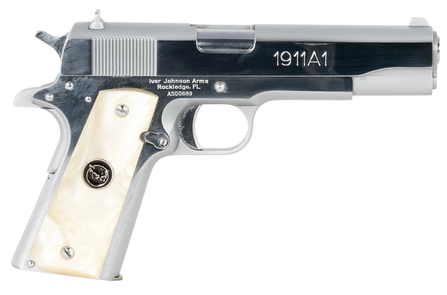 Iver Johnson 1911A138CHRWP 38 Super 5-inch bright polish chrome slide pearl grips