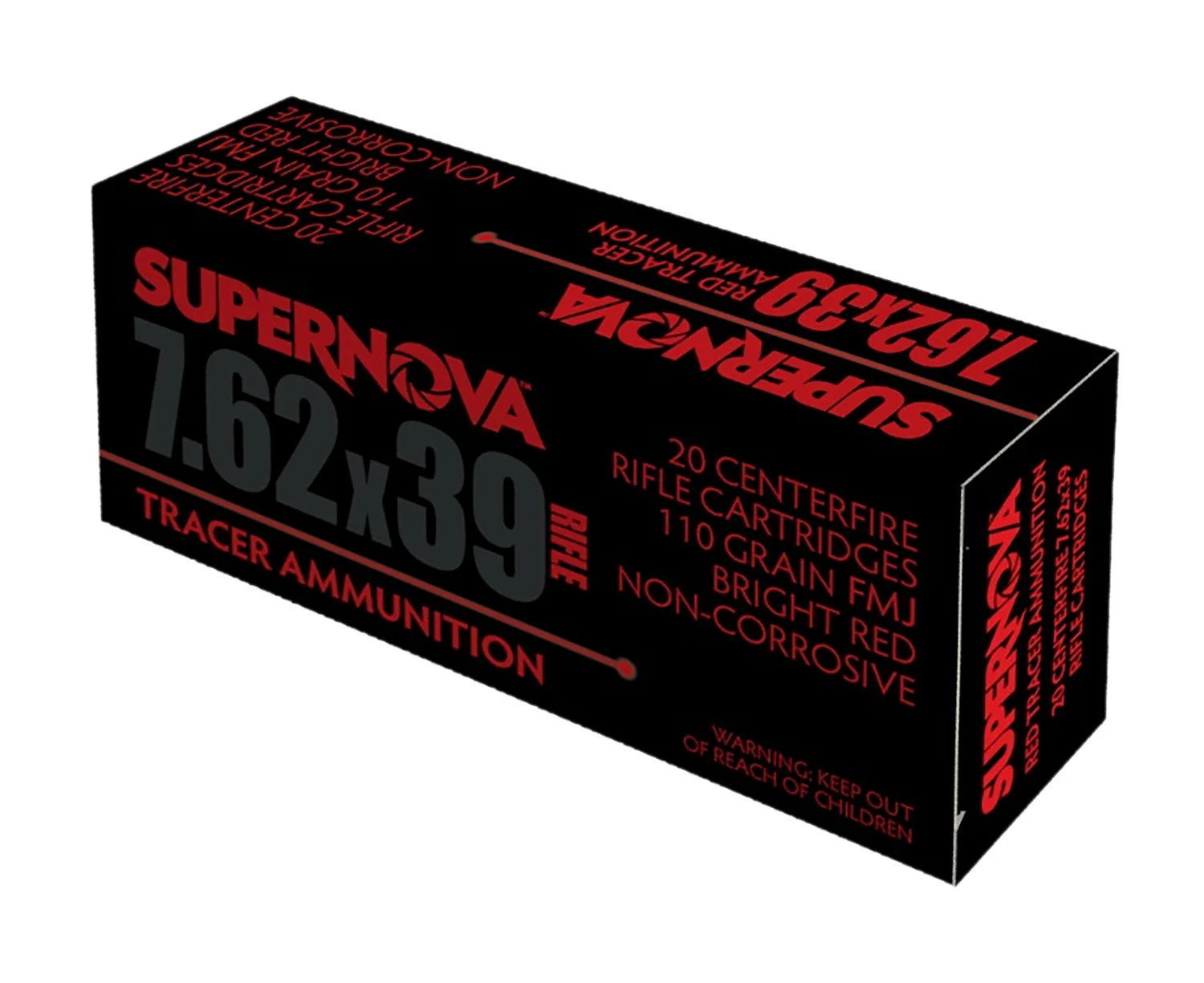 SUPERNOVA 7.62x39mm 110gr FMJ Red Tracer ammunition, 20 rounds per box