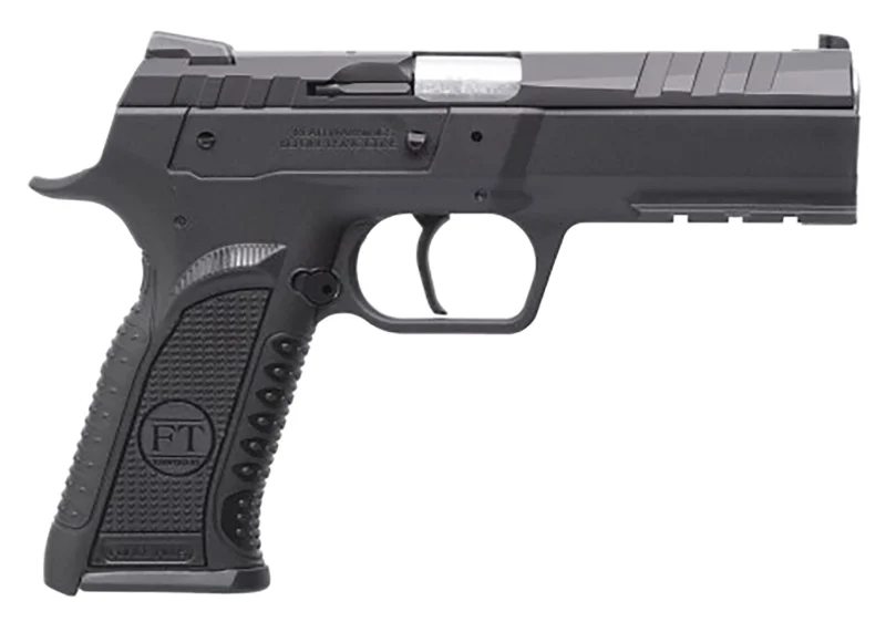 Tanfoglio Force Esse 9mm 4.40 inch pistol angled view stainless barrel black grip