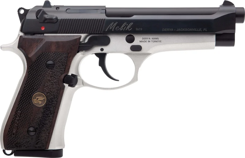 Derya Melik 9mm pistol with 4.9 inch barrel, silver anodized frame, black Melonite slide, dark walnut grips