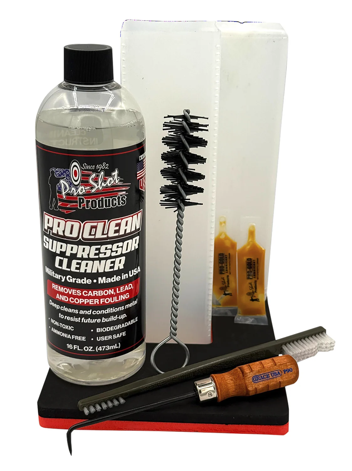 Pro-Shot Pro Clean Suppressor Cleaning Kit with 16 oz bottle, soak tube, brushes and tools