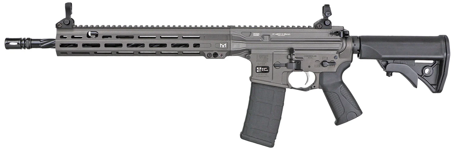 LWRC ICMKII rifle in Tungsten Grey Cerakote with 14.7-inch barrel and Magpul 30rd PMAG