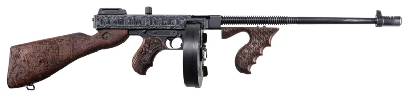 Auto-Ordnance Thompson 1927A1 Roaring 20s .45 ACP carbine with engraved receiver, walnut stock and drum magazine