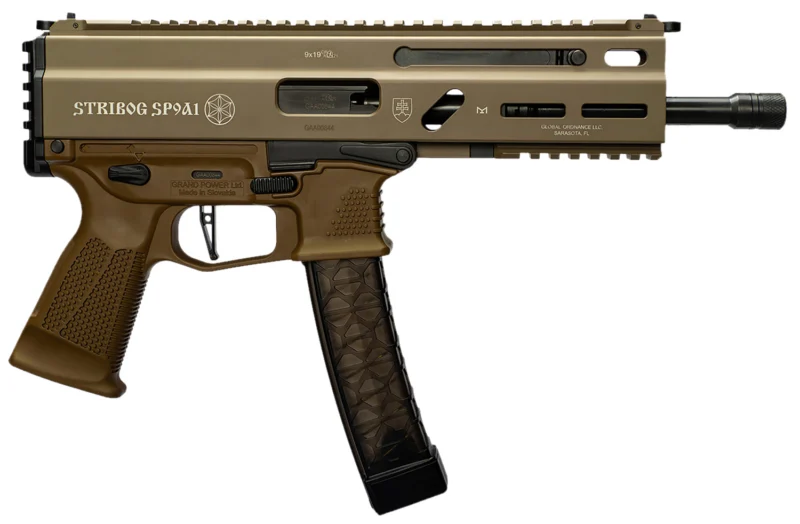 Grand Power Stribog SP9A1 9mm pistol with 8-inch threaded barrel in Flat Dark Earth