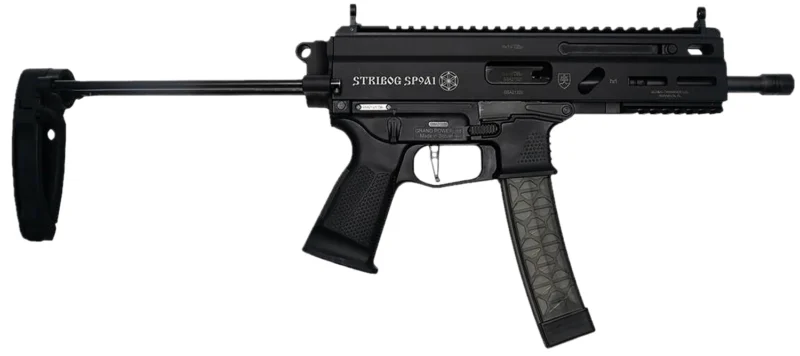 Grand Power Stribog SP9A1 9mm pistol, black, 8-inch threaded barrel, PDW tailhook brace