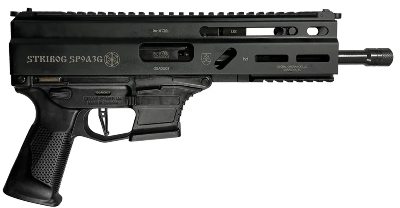 Grand Power Stribog SP9A3G 9mm pistol black 8-inch threaded barrel with M-LOK handguard
