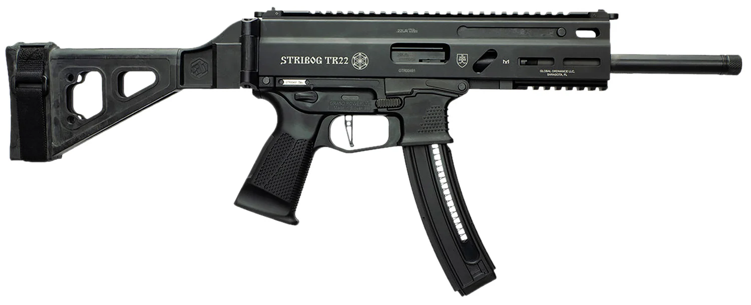 Grand Power Stribog TR22 .22 LR sub-pistol in black with SB Tactical brace and Picatinny rail