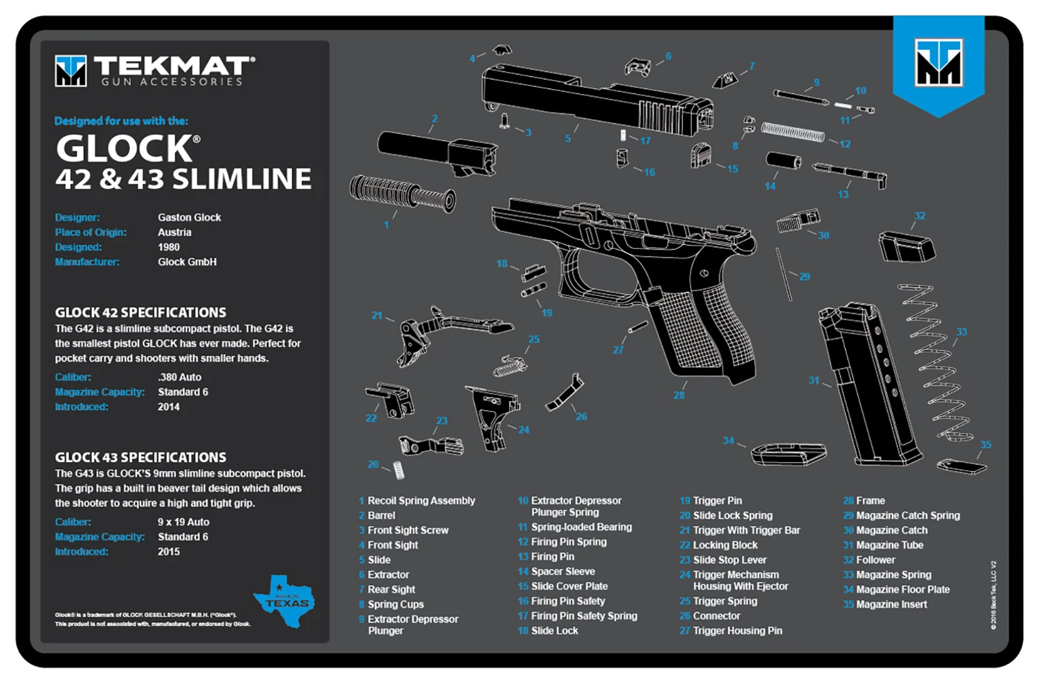 TekMat 11x17 rubber cleaning mat for Glock 42 and 43 with parts diagram in black blue white