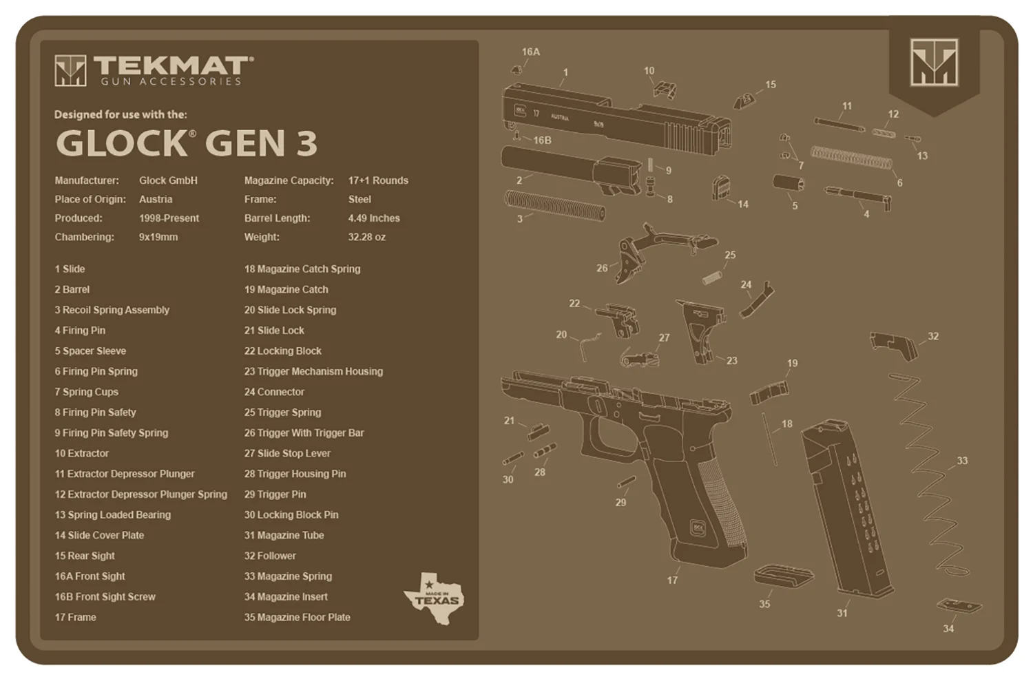 TekMat 11x17 Glock Gen 3 cleaning mat Flat Dark Earth rubber parts diagram