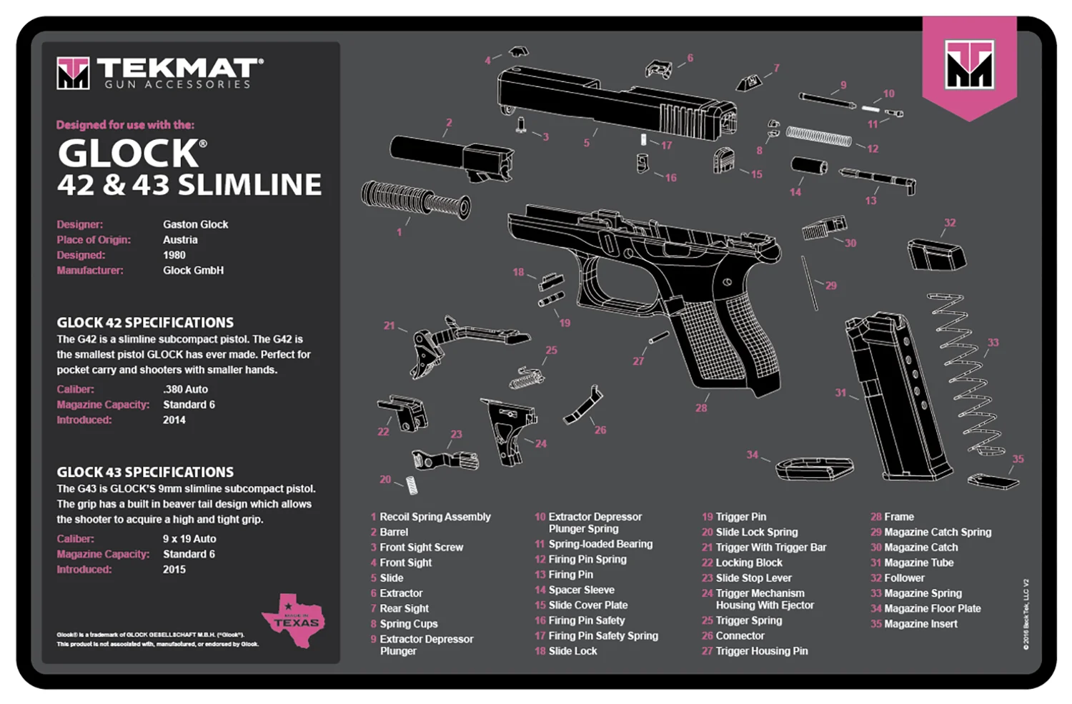 TekMat pink Glock Gen 3 cleaning mat, padded rubber with parts diagram