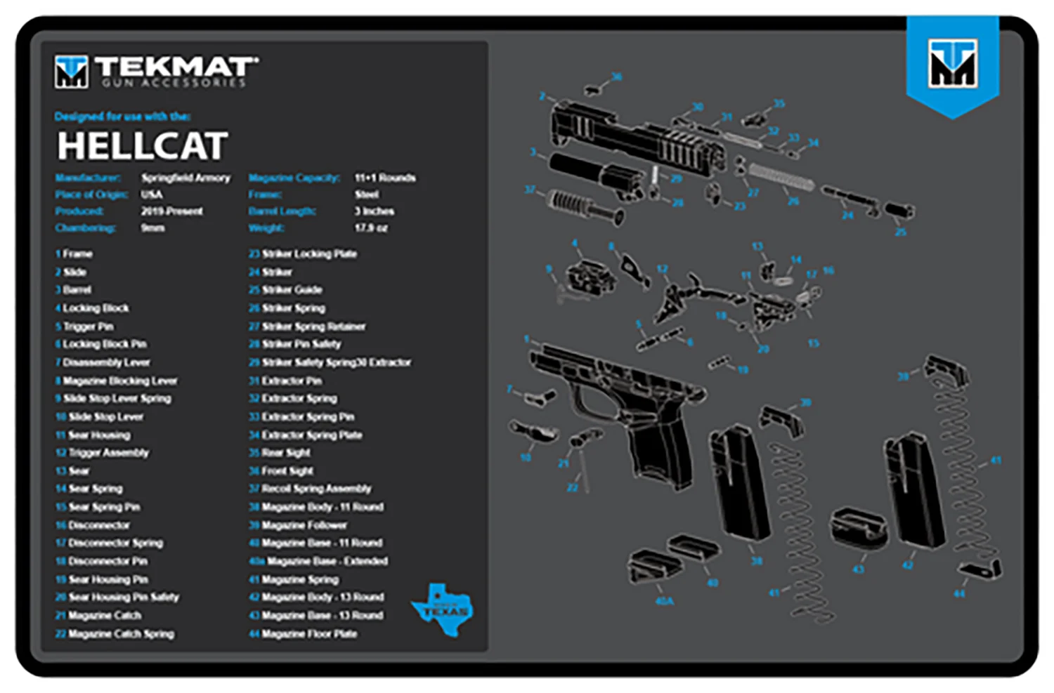 TekMat Springfield Hellcat 11 x 17 rubber cleaning mat with parts diagram, black blue white