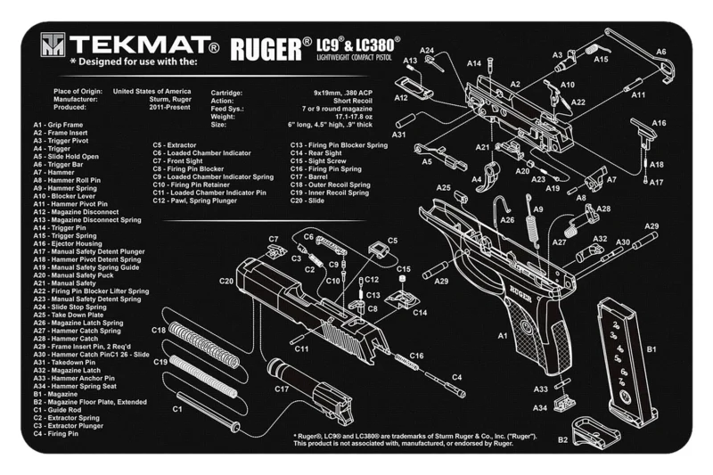 TekMat TEKR17RUGERLC9 Ruger LC9 11x17 black/white rubber cleaning mat with parts diagram