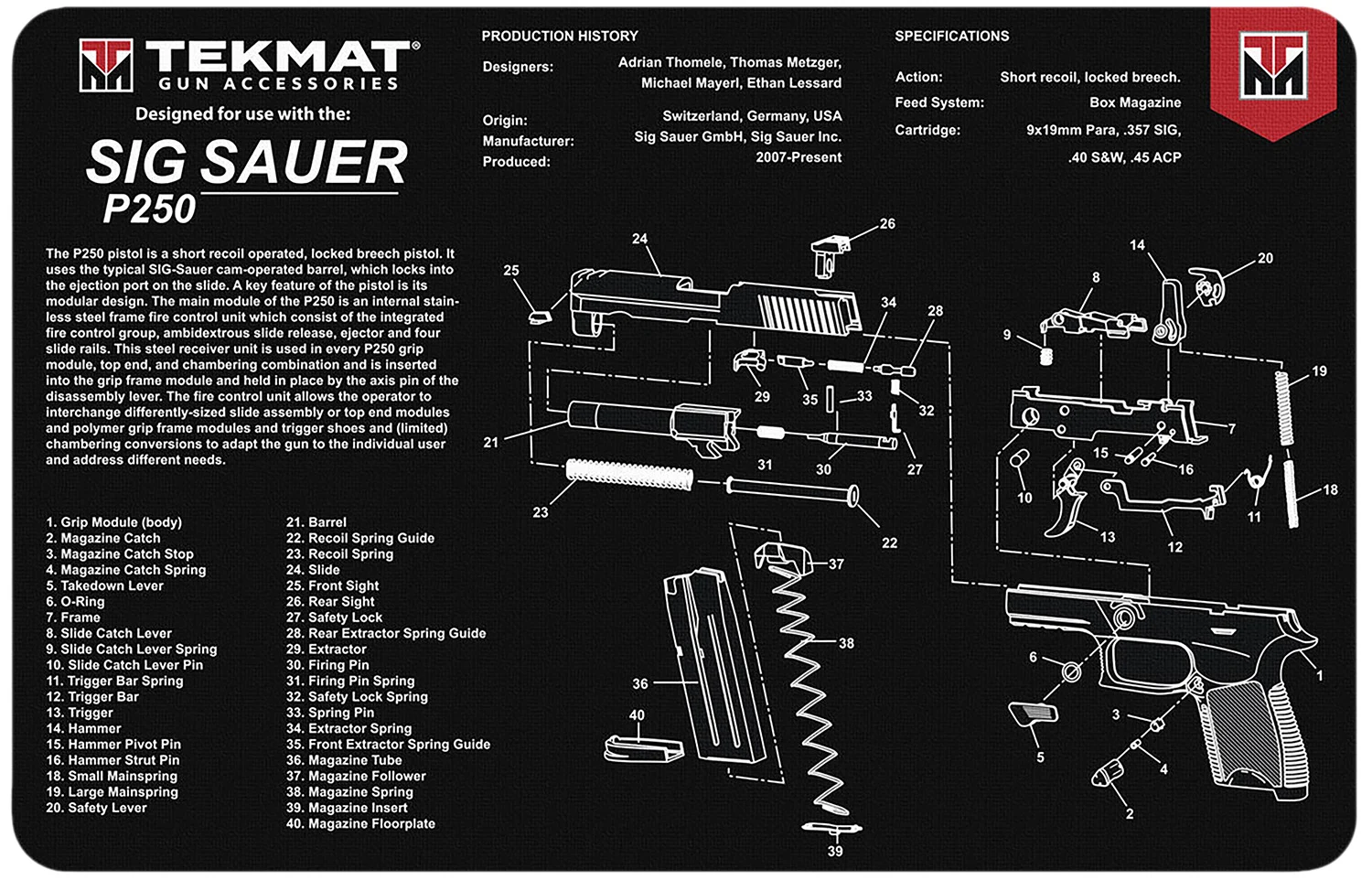 TekMat Sig Sauer P250 11x17 rubber cleaning mat black and white parts diagram