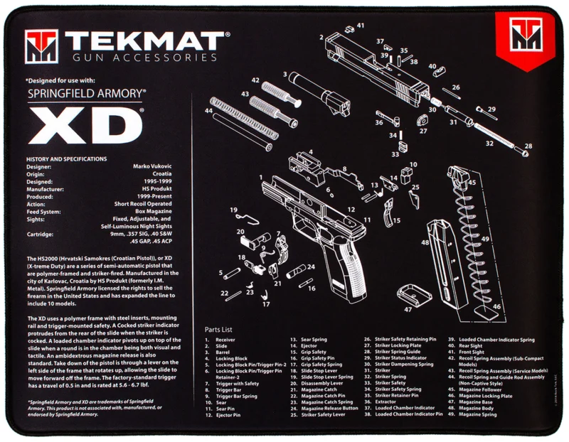TekMat TEKR20XD Springfield Armory XD 15x20 black/white rubber cleaning mat with parts diagram