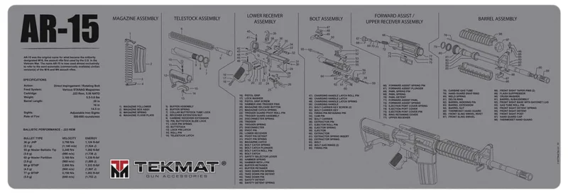 TekMat AR-15 cleaning mat gray 12x36 neoprene-backed polyester top printed diagram