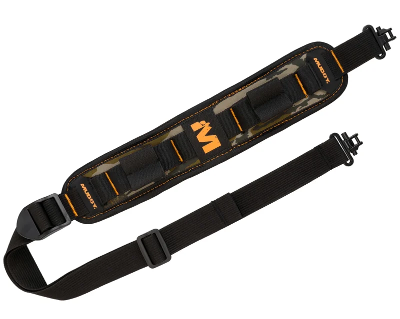 Muddy Summit Ridge flexible rifle sling in Mossy Oak Bottomland with metal QD swivels