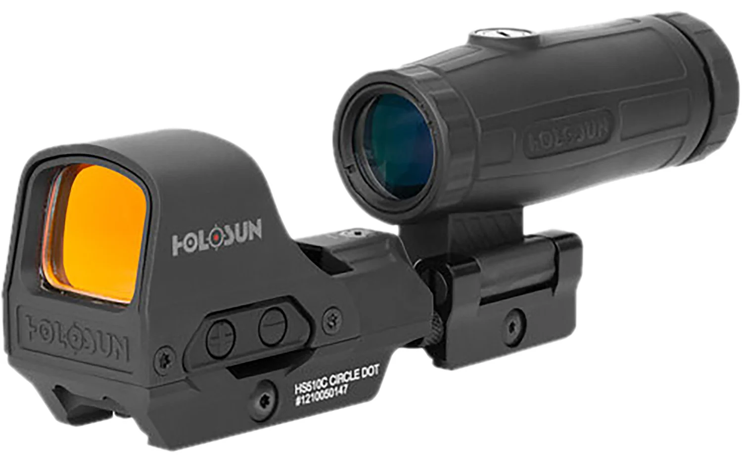 Holosun HE510CGR open reflex green dot sight with HM3X magnifier on Picatinny rail