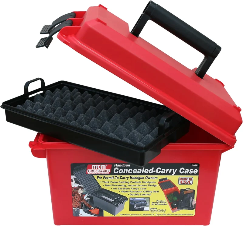 MTM HCC30 red conceal carry handgun case holds two medium-frame pistols with foam tray