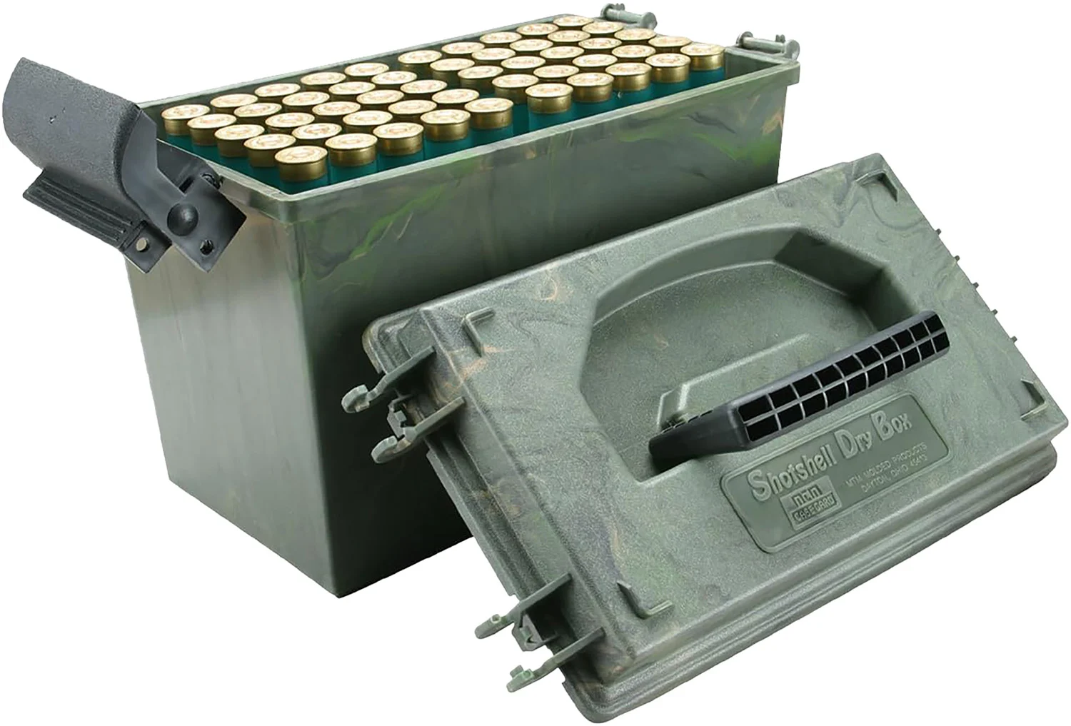 MTM Shotshell Dry Box 100rd Wild Camo storage case with handle and O-ring sealed lid