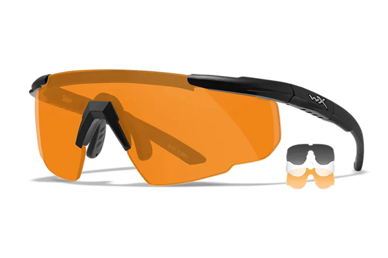 Wiley X 308 Saber Advanced safety glasses with smoke gray, clear, and light rust lenses and matte black frame
