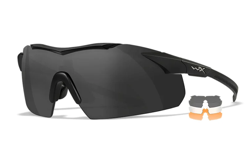 Wiley X Vapor 3552 eyewear with smoke gray, clear and light rust lenses in a matte black frame