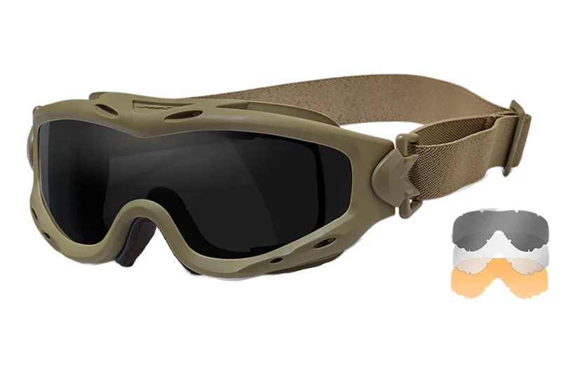 Wiley X SP293T Spear goggles tan frame with smoke gray, clear, and light rust lenses