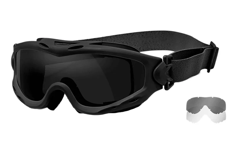Wiley X SPEAR SP29B goggles with smoke gray lens and matte black frame, removable facial cavity seal