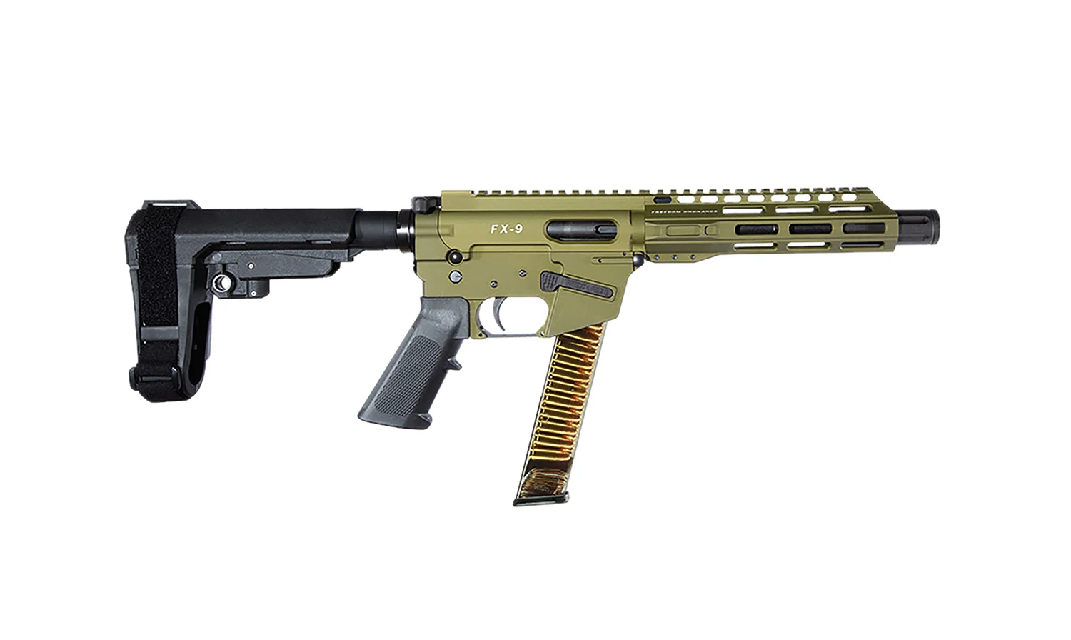 Freedom Ordnance FX9 9mm 8 inch pistol with SBA3 brace in olive drab green