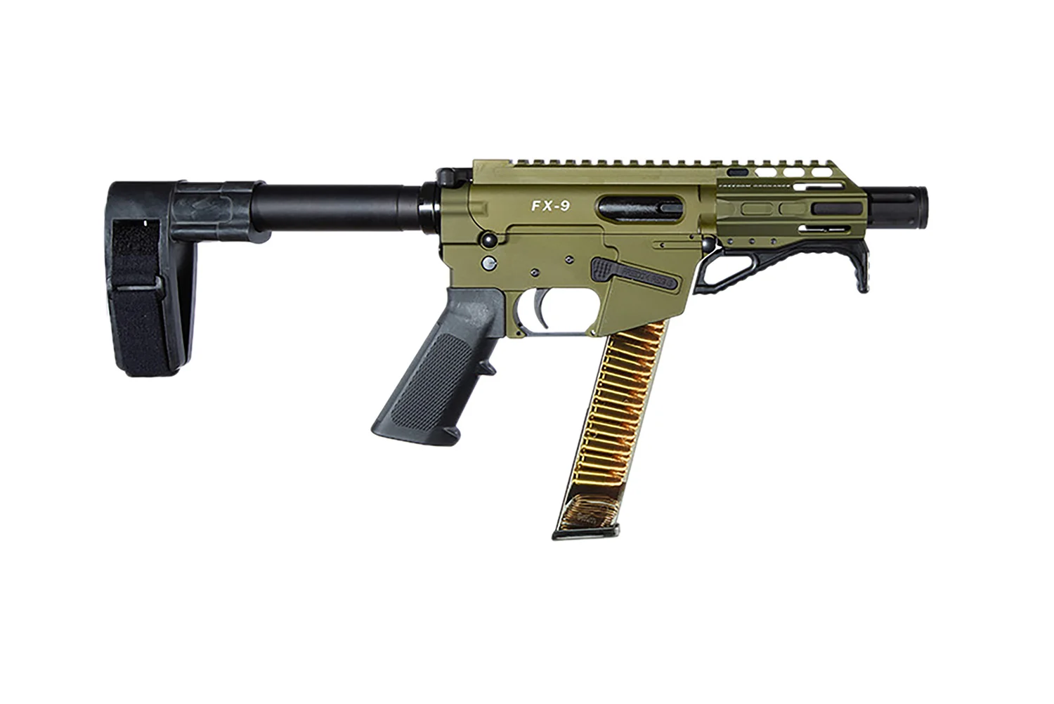 Freedom Ordnance FX9P 9mm pistol, 4" barrel, OD Green, factory SB Mini brace and faux suppressor