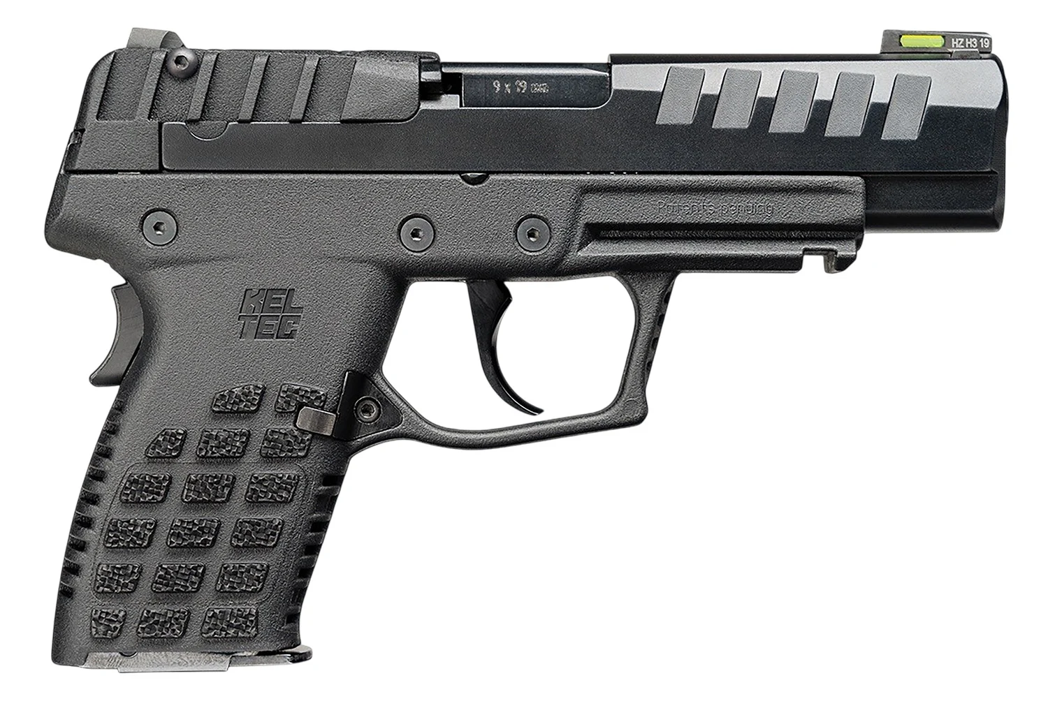 KelTec P15 9mm 4in CA-compliant pistol in black with fiber-optic front sight